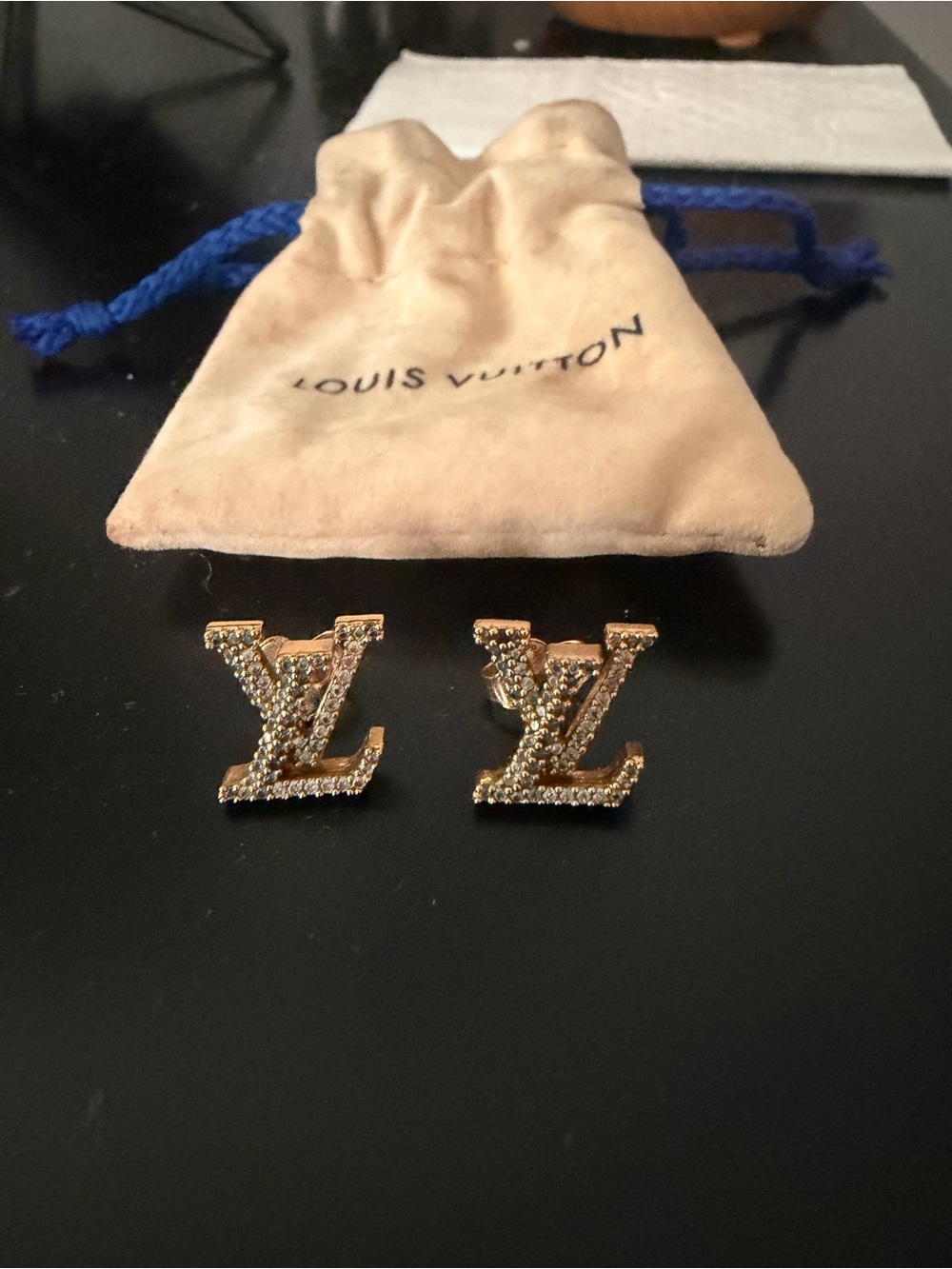Louis Vuitton Gold Crystal LV Monogram Stud Earrings